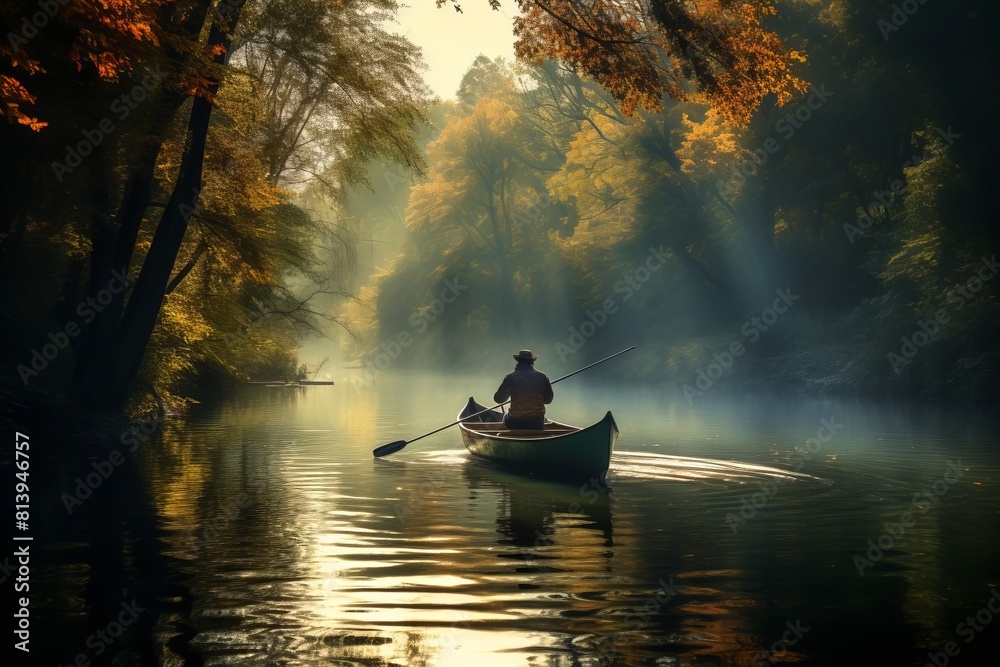 Man rowing in his boat in the middle of the river on an autumn day, after fishing. Concept hobby, retirement Man rowing in his boat in the middle of the river on an autumn day, after fishing. Concept hobby, retirement
