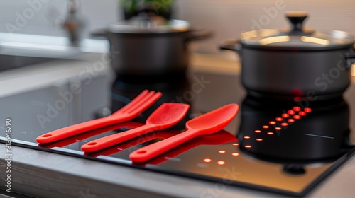 Red silicone spatula and spoon rest on a modern induction cooktop with a pot in the background, kitchen utensils concept.