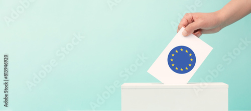 EU election, ballot box, european union flag, blue and yellow stars, citizens of Europe voting Parliament