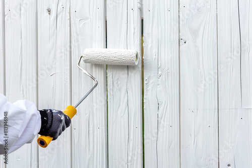 Worker in uniform with paint roller in hand painting white board fence. Simplicity and creativity concept. 