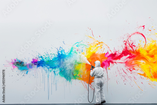Artist in protective uniform spray painting graffiti with colorful multicolored creative exploding pattern on white building wall. 