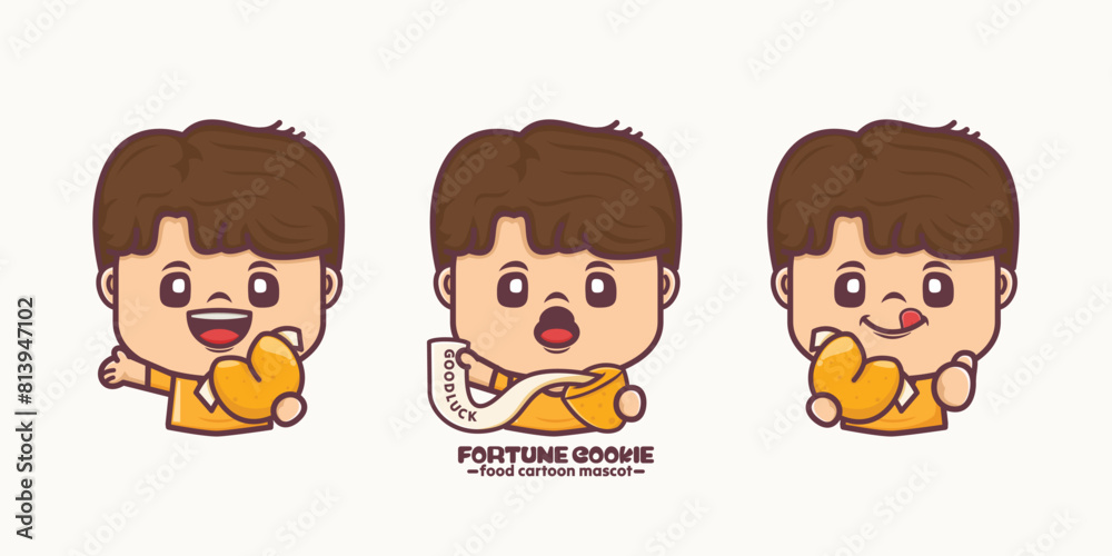 Cute male cartoon mascot with fortune cookie Cute male cartoon mascot with fortune cookie