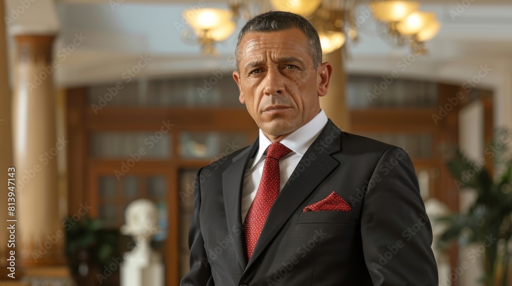 Confident businessman in a suit and red tie stands in a luxurious room with chandeliers. Confident businessman in a suit and red tie stands in a luxurious room with chandeliers.