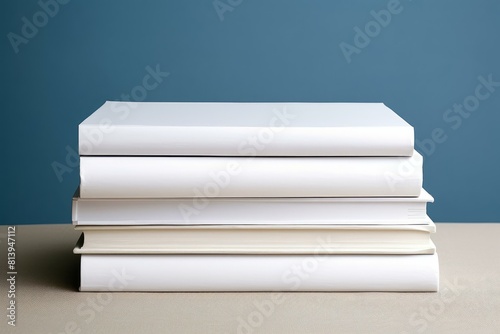 Neat stack of white, unlabelled books on a table with a blue backdrop photo