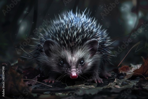 A small hedgehog standing in a pile of leaves. Suitable for nature and wildlife themes © Ева Поликарпова