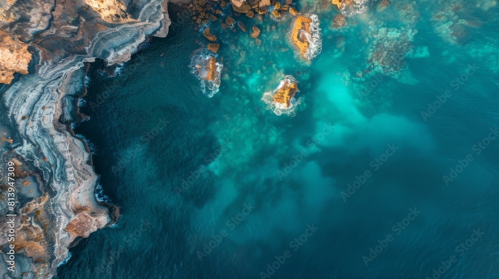 Fototapeta premium Aerial view of a rugged coastline with turquoise waters and rocky cliffs.