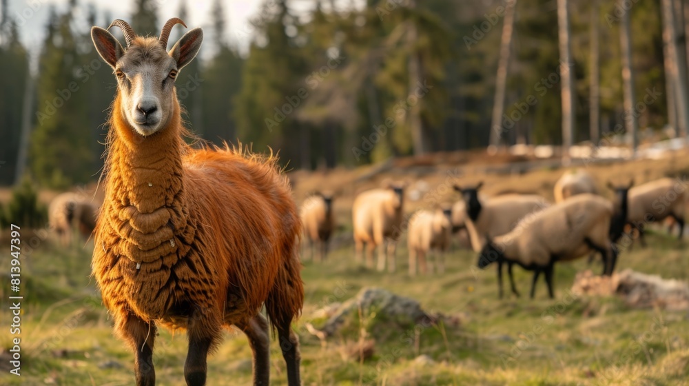 A brown sheep looking directly at the camera with a flock in the background in a natural, pastoral setting.