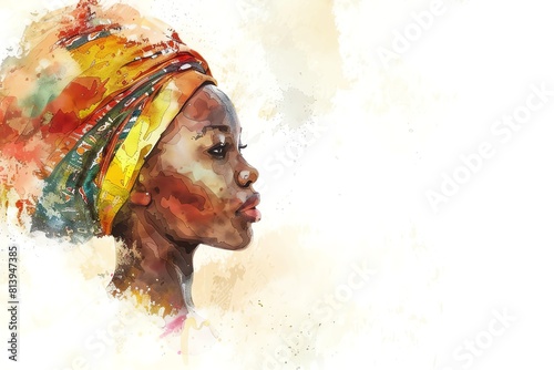 Zulu South Africa Woman, Minimalistic watercolor, on a white background, cute and comical with empty copy space.