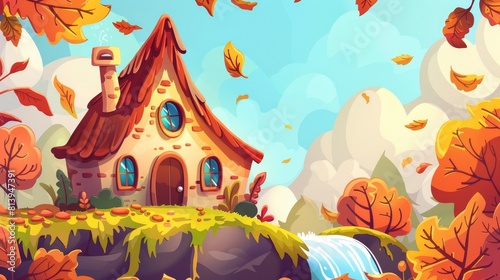 Gnome hut in autumn forest with falling leaves cartoon background. Small fantasy gnome house with chimney for game modern landscape illustration.