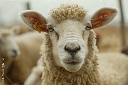 Close-Up View of a Sheeps Face With Ear Tag in a Sunny Pasture photo