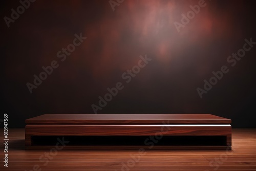 Mahogany-themed podium with rich, polished surfaces, set against a minimalist, dark brown background, perfect for showcasing products with a luxurious and warm character. Copy space
