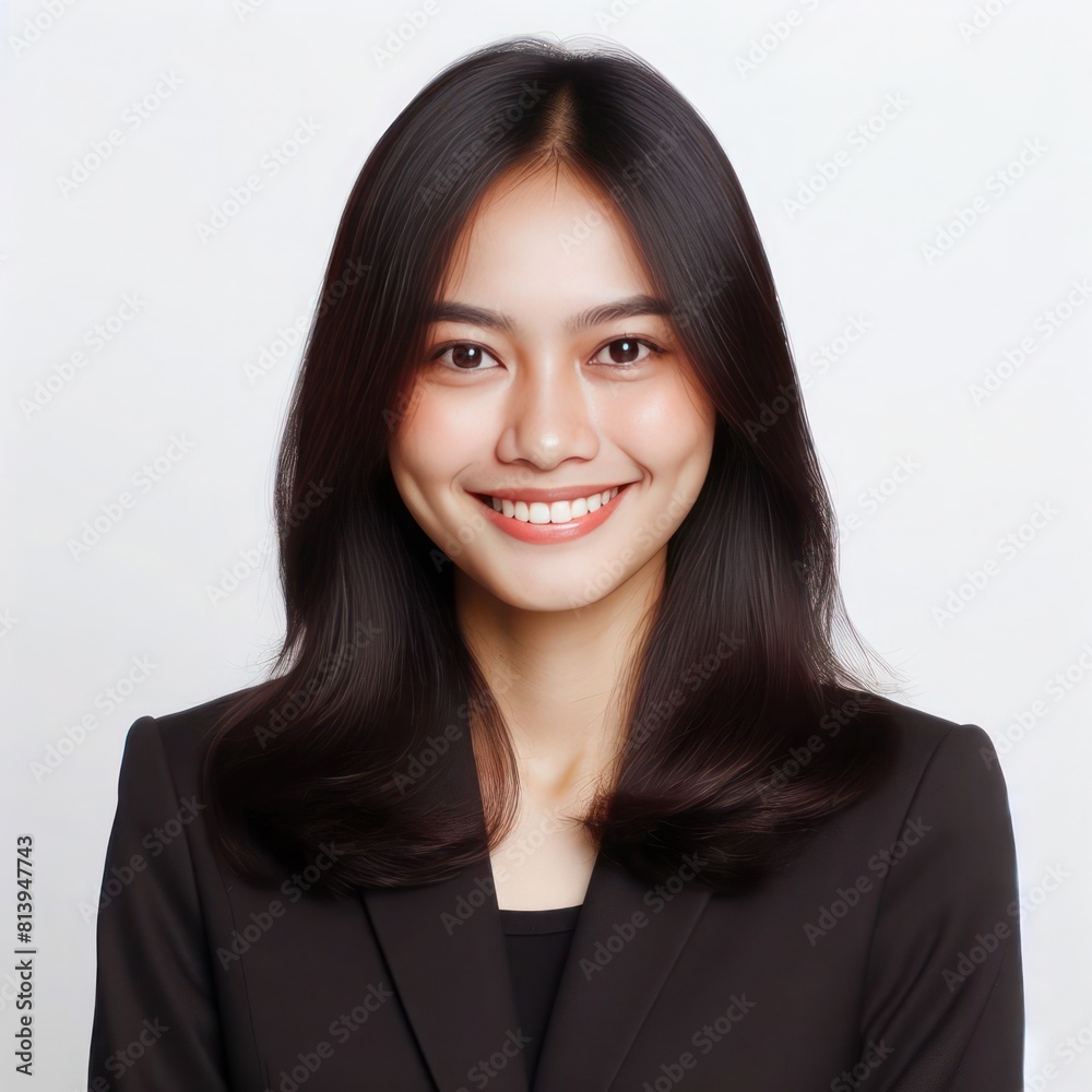 Professional formal photo, of a plain casual indonesian woman with a few small blemishes with a straightforward simple appearance, wearing formal black suit on white background. Professional formal photo, of a plain casual indonesian woman with a few small blemishes with a straightforward simple appearance, wearing formal black suit on white background.
