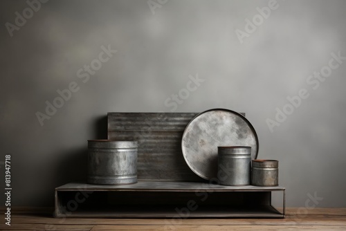 Tin-themed podium with matt, industrial surfaces, set against a minimalist, silver background, perfect for showcasing products with a rustic and practical character. Copy space photo