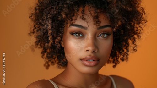 Close-up of a confident young woman with curly hair and captivating eyes on a warm background.