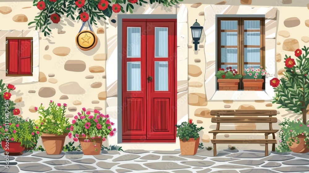 This is a cartoon house facade with red door and porch. Modern illustration of a cozy home front with a homemade pie cooling on a large window, flower pots and a wooden bench near the entrance, stone