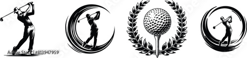 Set of golfer and sports ball, vector illustration.