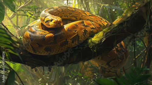 A magnificent anaconda sprawled out on a branch soaking up the sun s rays in the lush Amazon rainforest