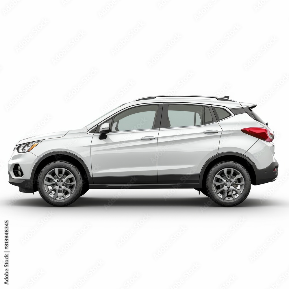 Obraz premium A white SUV car showcased in a side profile isolated on a white background, beautifully lit for clear visibility.