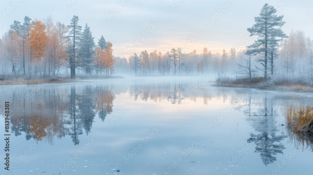 A serene misty lake with a forest backdrop during a calm sunrise, reflecting trees on the tranquil water surface. A serene misty lake with a forest backdrop during a calm sunrise, reflecting trees on the tranquil water surface.