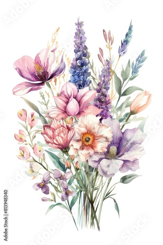 Vibrant Watercolor Bouquet of Spring Flowers Artistically Rendered