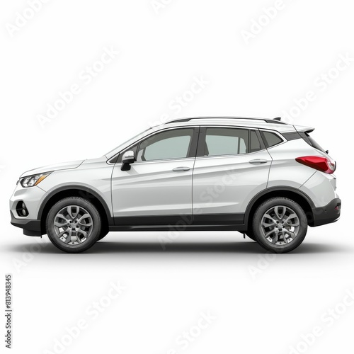 A white SUV car showcased in a side profile isolated on a white background  beautifully lit for clear visibility.