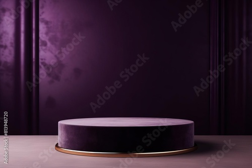 Velvet-themed podium with plush  rich surfaces  set against a minimalist  deep purple background  perfect for showcasing products with a regal and plush character. Copy space