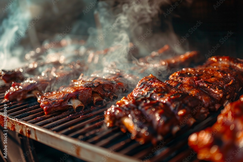 Sizzling BBQ ribs on a smoky grill Sizzling BBQ ribs on a smoky grill