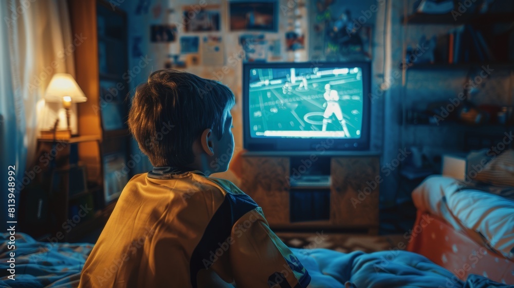 The young sports fan is watching a match on a retro TV in his dated room, feeling proud when his team scores. The young sports fan is watching a match on a retro TV in his dated room, feeling proud when his team scores.