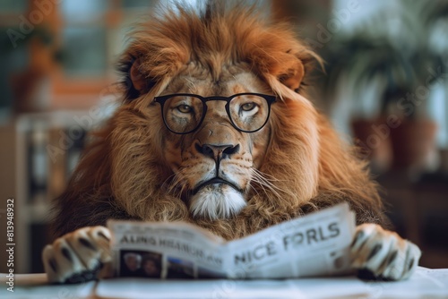 Lion boss reading newspaper in cozy environment. King of the Office.