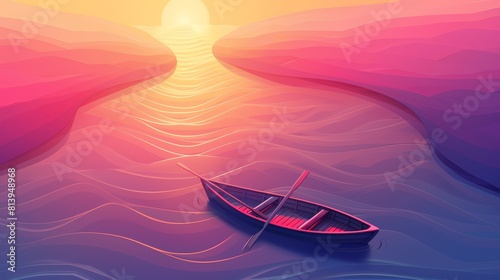 Top view boat in sea water sunset landscape cartoon illustration. Wooden dinghy with paddle floating in river nautical modern background. Fantasy adventure topview lake banner illustration. photo