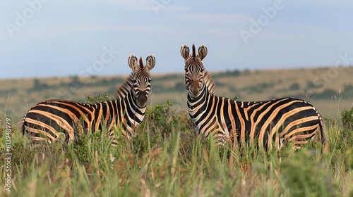 Two Burchell s zebras standing in grassland  facing the camera  with a clear blue sky background.