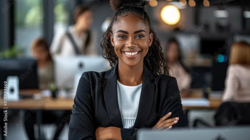 A smiling female professional with arms crossed sits in an office environment, exuding confidence and approachability. A smiling female professional with arms crossed sits in an office environment, exuding confidence and approachability.