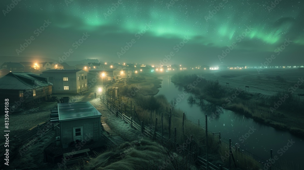 Obraz premium Ethereal auroras illuminate the night sky above a tranquil, snow-edged river flanked by buildings.