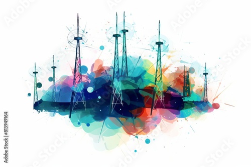 Artistic illustration of radio towers broadcasting radio waves. photo