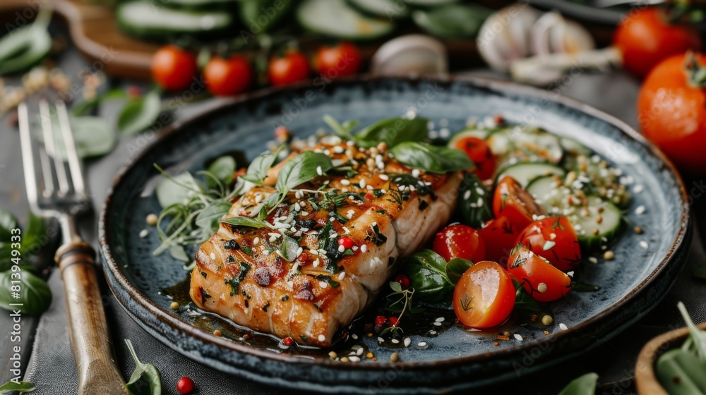 A succulent roasted red fish fillet with a fresh vegetable salad on an artisanal plate, garnished with herbs and seeds.