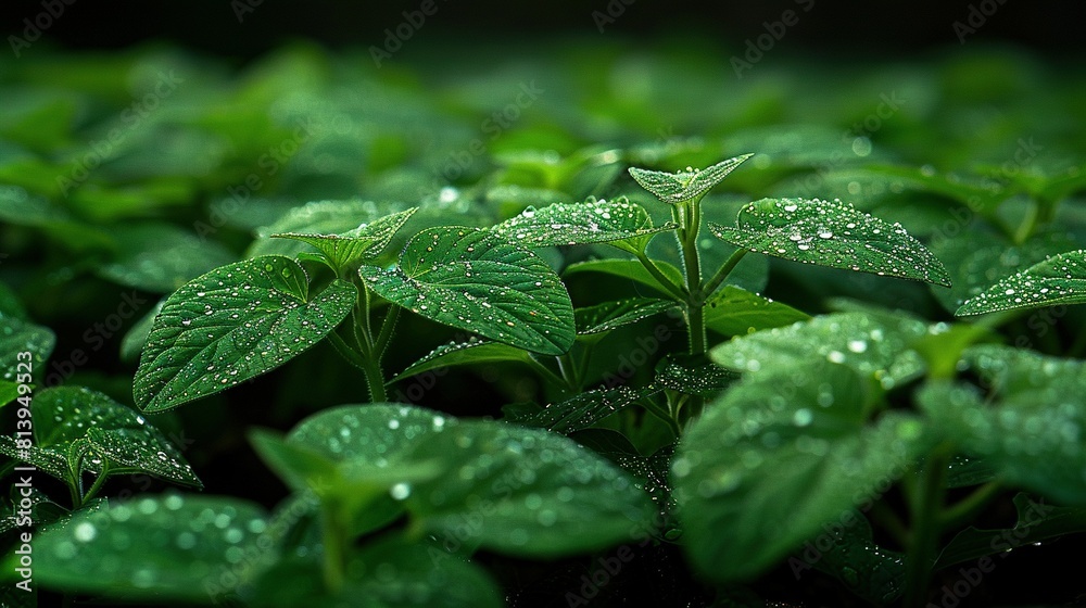 A close-up of a green plant with water droplets on its leaves, with the leaves in the foreground A close-up of a green plant with water droplets on its leaves, with the leaves in the foreground