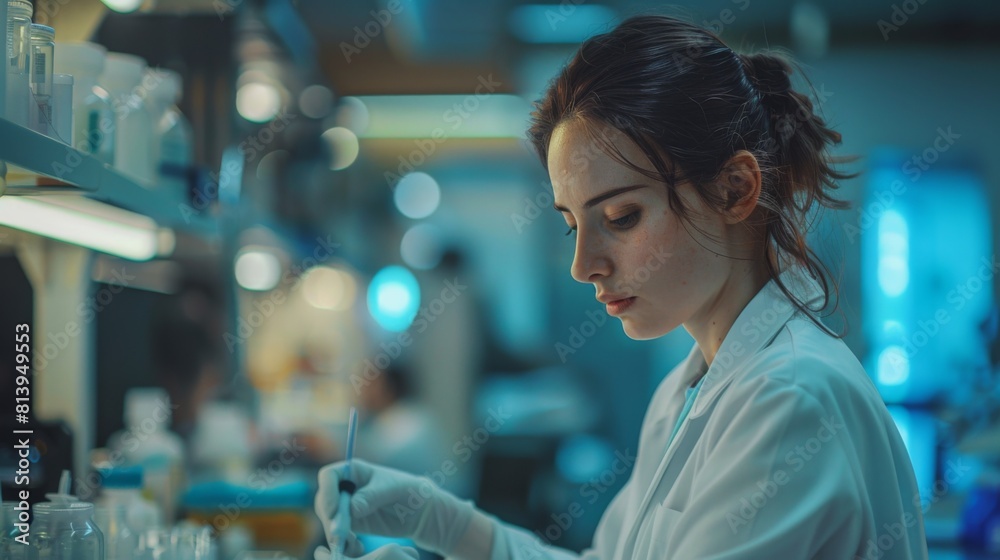 A focused medical biller processes claims, surrounded by a high-tech environment, isolated on a blue background. A focused medical biller processes claims, surrounded by a high-tech environment, isolated on a blue background.