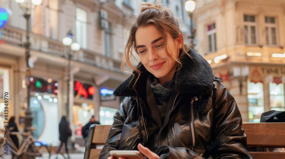 A smiling woman enjoys using her smartphone while sitting on a bench in a lively urban setting. A smiling woman enjoys using her smartphone while sitting on a bench in a lively urban setting.