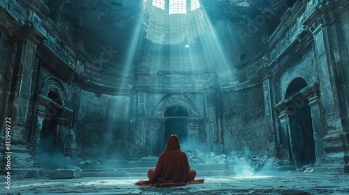 A solitary monk meditates in a dilapidated monastery under a beam of light from above. photo