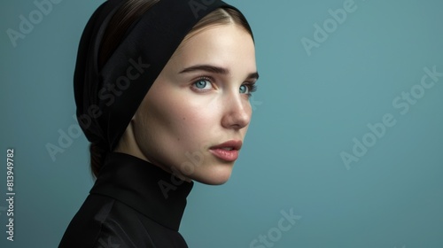 A serene portrait of a nun, isolated on a blue background. The image features a stylized, peaceful expression. photo