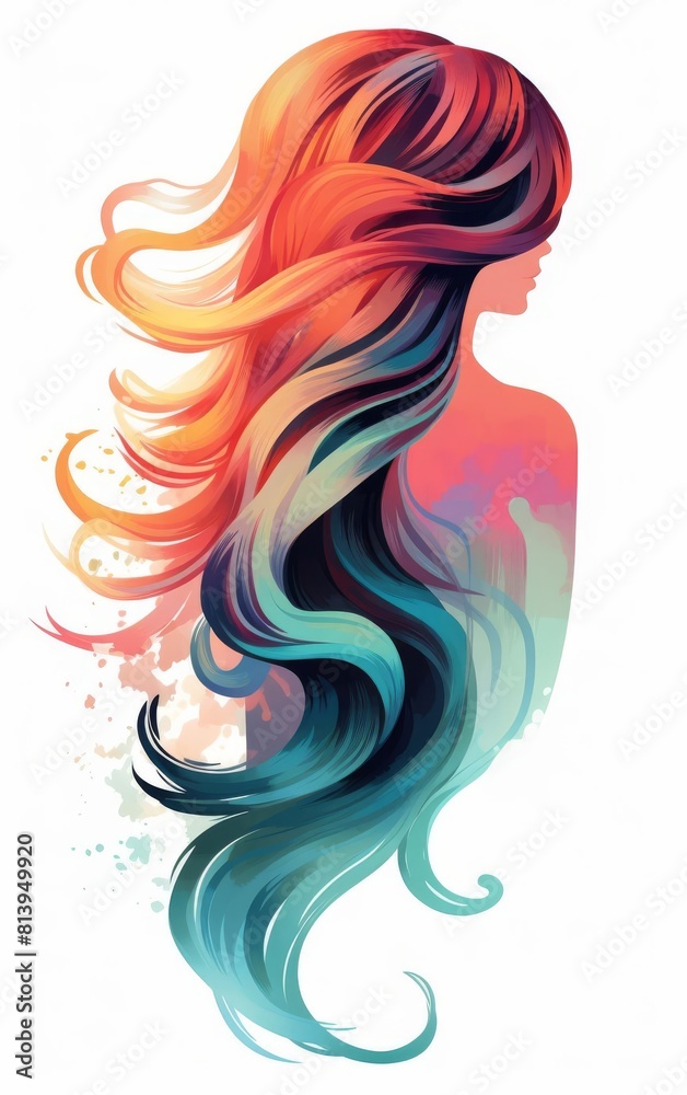 Long flowing hair in shades of red orange yellow green blue and purple. Long flowing hair in shades of red orange yellow green blue and purple.