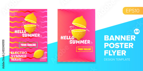 Vector electronic music summer party poster background Pink club party flyer or creative banner with abstract waves and fresh lemon. Hello summer party design template