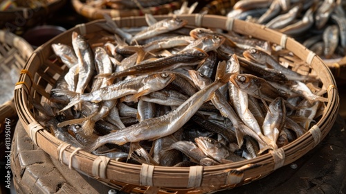 A basket filled with dried fish for sale at a market in Phnom Penh, Cambodia.