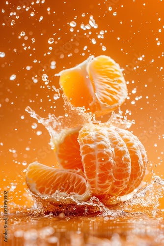 Peeled mandarin with splashing juice, vibrant orange backdrop, highspeed capture, closeup