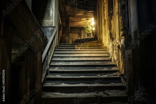 Eerie night shot of a dilapidated staircase in an abandoned building with haunting lighting