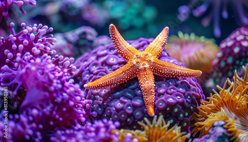 Starfish on coral reef, vibrant orange against purple coral, closeup, undersea natural lighting, detailed texture © Creative_Bringer