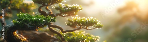 Tranquil Japanese bonsai garden at sunrise  soft sunlight  dew on leaves  peaceful setting  low angle closeup