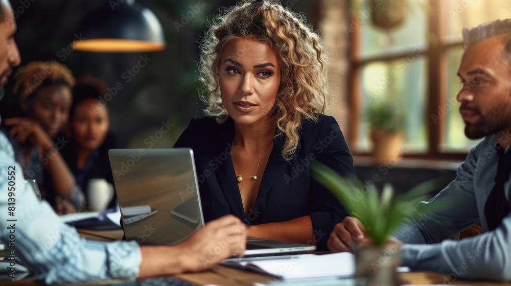 A focused young businesswoman works on her laptop during a meeting with colleagues in an office setting. A focused young businesswoman works on her laptop during a meeting with colleagues in an office setting.