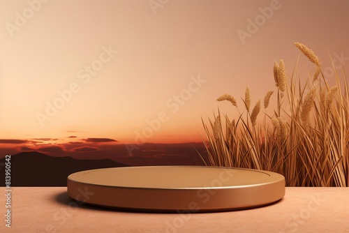 Savanna grass-themed podium with golden, wavy surfaces, set against a minimalist, sunset background, perfect for showcasing products with a warm and natural character. Copy space