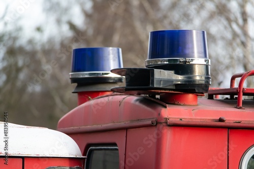 Blue round sirens on old Czech fire truck